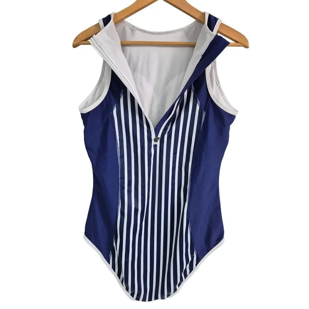 1PC Blue/White Bathing Suit w/ Stripes Zipper Down Back High Neckline Womens M/L